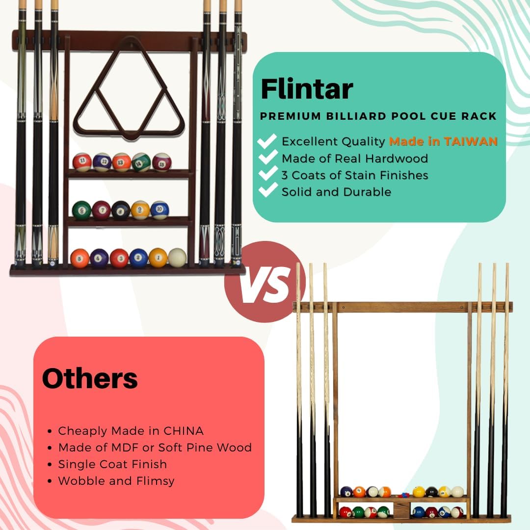 Wall Mount Cue Rack, Billiard Pool Cue Stick holder, Premium Quality Made in TAIWAN, Solid Hardwood, Cue Rack Only