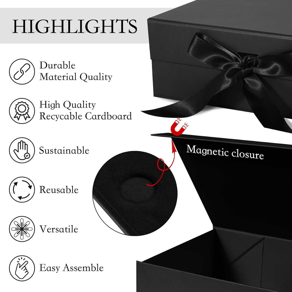 Black Gift Box with Ribbon Magnetic Lids 10.2x9x3.74 in, Bridesmaid Groomsman Proposal Boxes, Wedding Graduation