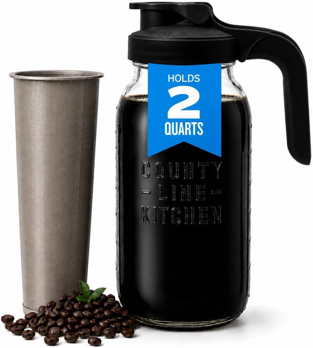 64oz Cold Brew Coffee Maker with Leak Proof Lid - Black | Glass Cold Brew Coffee Maker - Wide Mouth Mason Jar