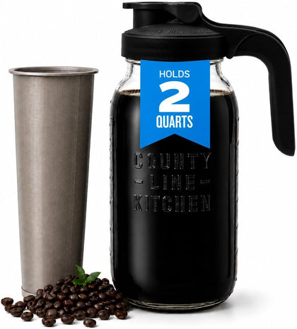 64oz Cold Brew Coffee Maker with Leak Proof Lid - Black | Glass Cold Brew Coffee Maker - Wide Mouth Mason Jar