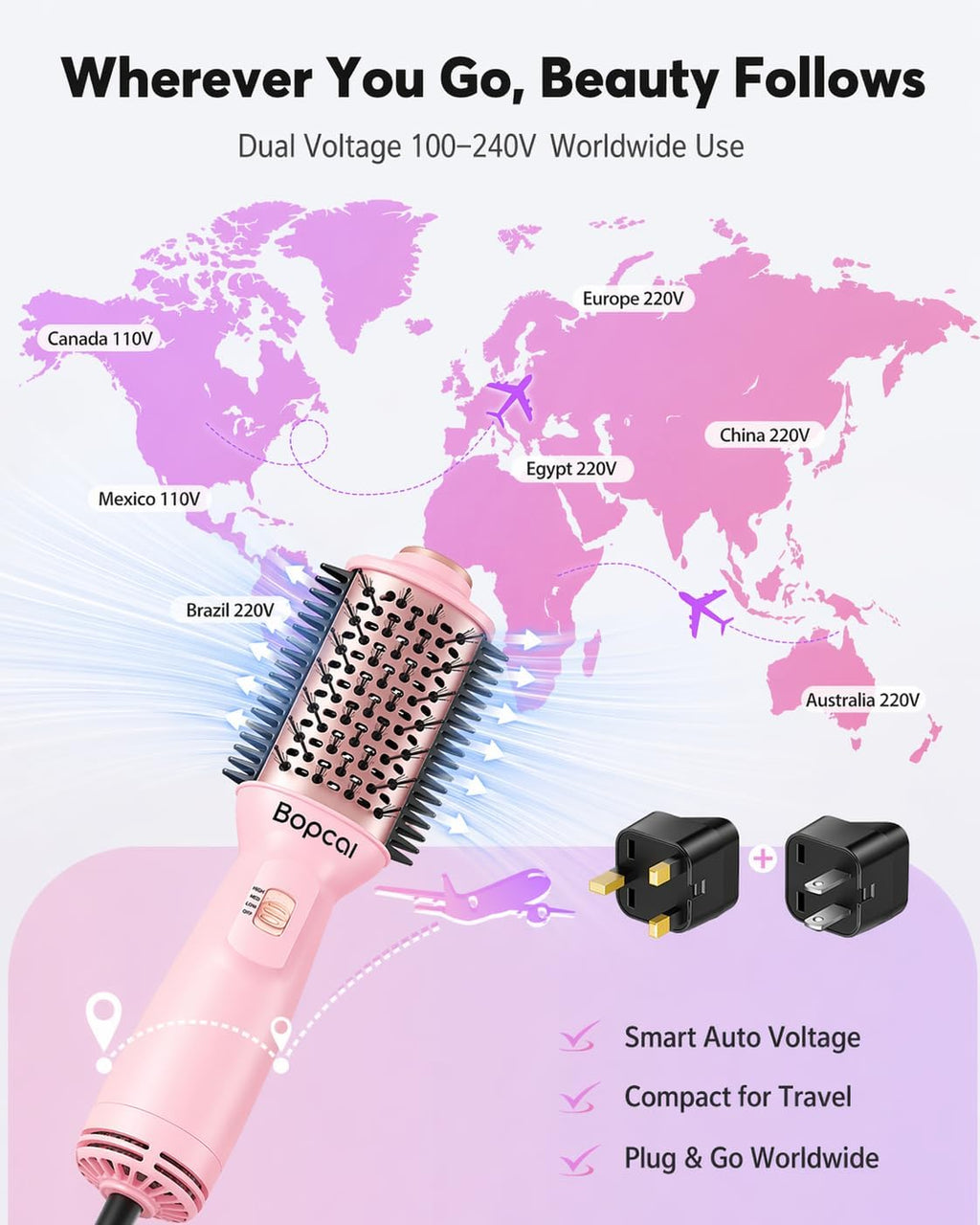 Travel Blow Dryer Brush in one, Dual Voltage 120V-240V Mini Hair Dryer Brush, Portable 2-Inch Hot Air Brush, 4-in-1