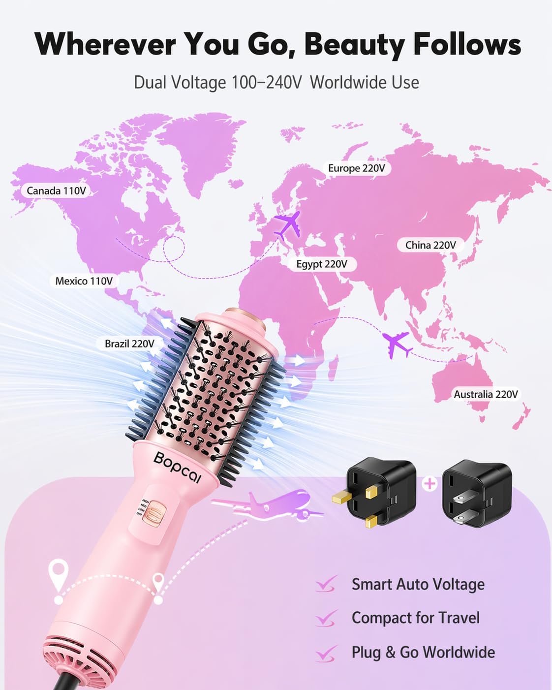 Travel Blow Dryer Brush in one, Dual Voltage 120V-240V Mini Hair Dryer Brush, Portable 2-Inch Hot Air Brush, 4-in-1