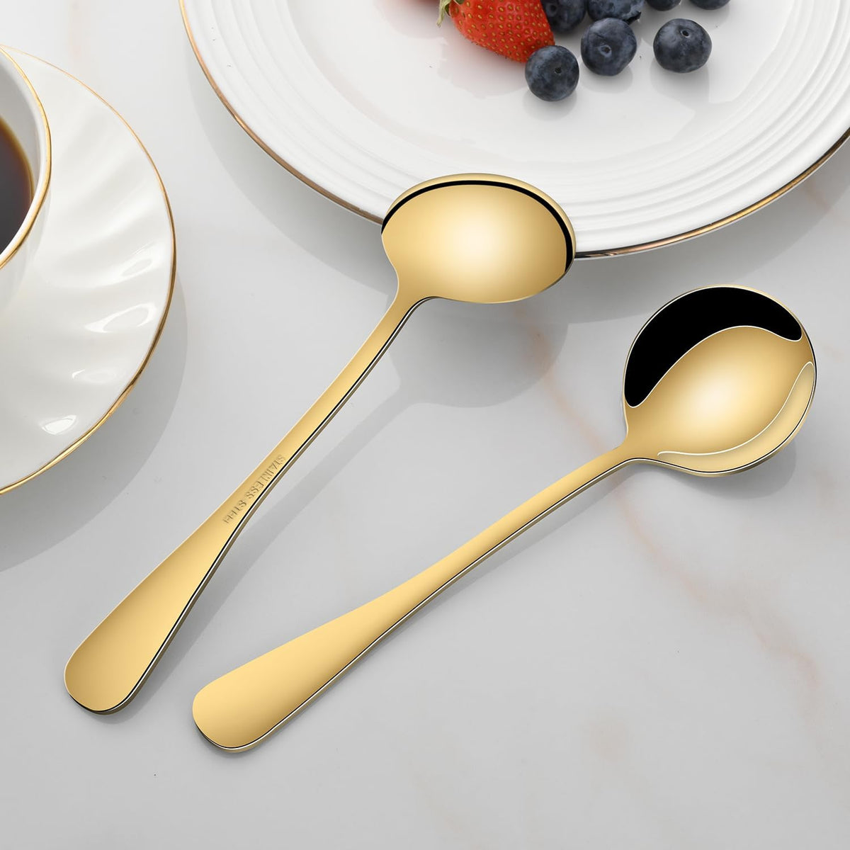 8-Piece Gold Soup Spoons Set, 7.4 Inch Stainless Steel Round Spoon, Mirror Polished Gold Kitchen Silverware Spoons