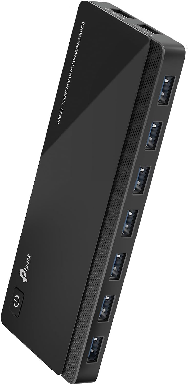 Powered USB Hub 3.0 with 7 USB 3.0 Data Ports and 2 Smart Charging USB Ports. Compatible with Windows, Mac, Chrome &