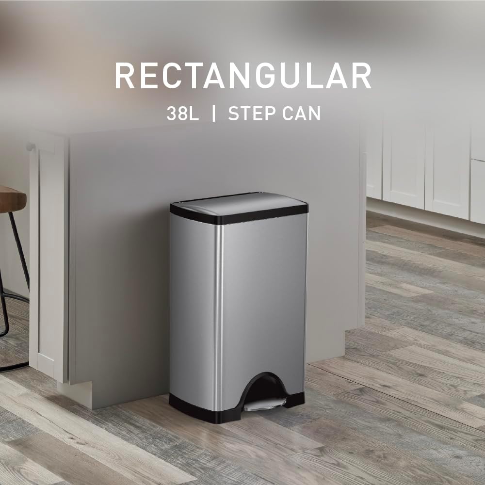 38 Liter / 10 Gallon Rectangular Kitchen Step Trash Can, Brushed Stainless Steel