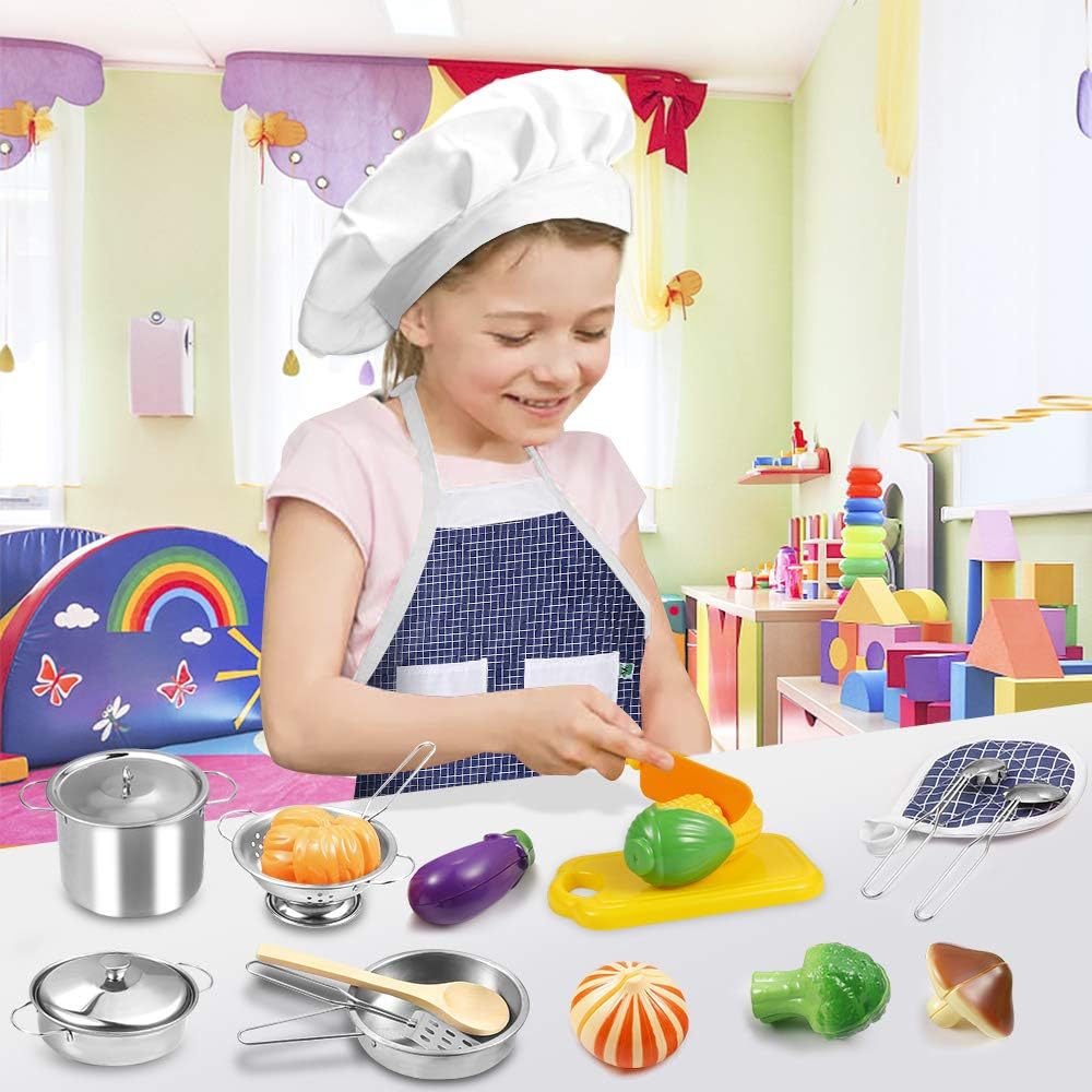 Play Kitchen Accessories, Kids Kitchen Pretend Play Toys, Kitchen Set with Stainless Steel Cooking Utensils Cookware