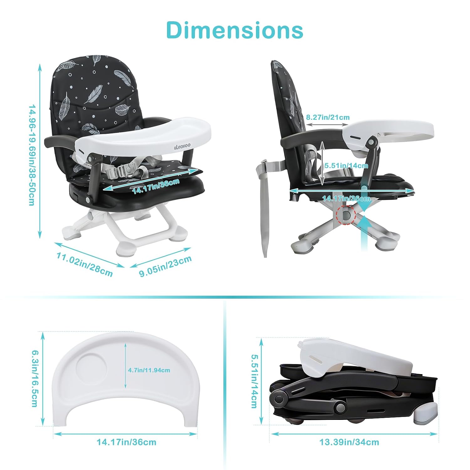 Baby Booster Seat for Dining Table with Removable Tray & Cushion, 3in1 Portable Toddler Booster Seat, 4 Height