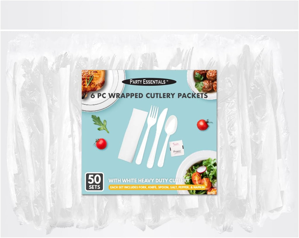 Individually Wrapped Plastic Cutlery Packets/Heavy Duty Silverware Kits, Fork/Spoon/Knife/Napkin/Salt/Pepper, 50