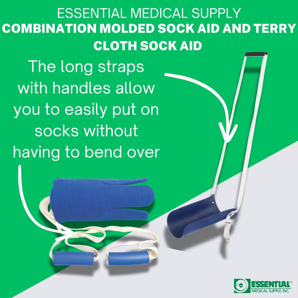Combination Molded Plastic Sock and Stocking Aid and Terry Cloth Sock Aid - Two Sock and Stocking Donners in One
