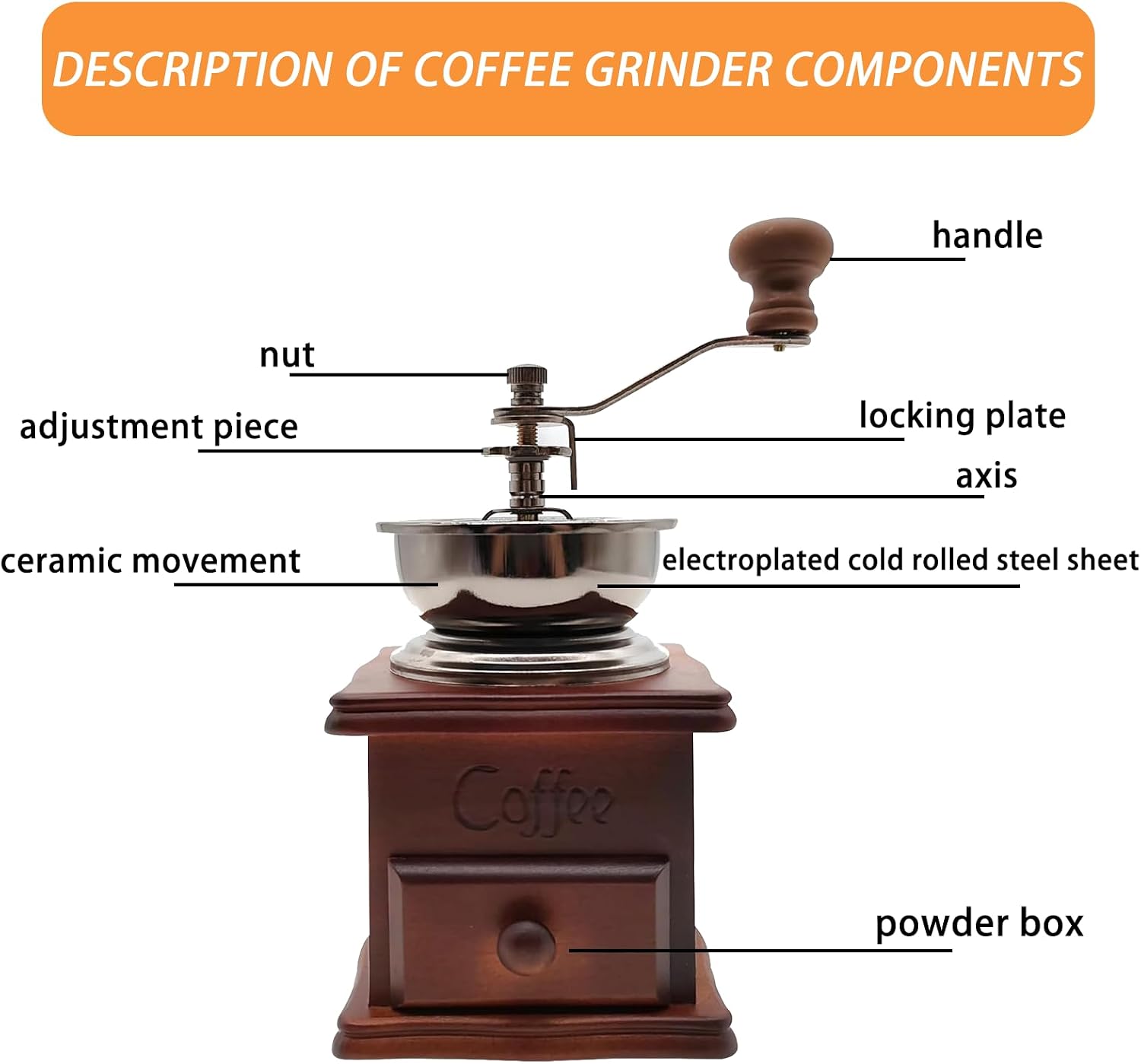 Retro style wooden handcrafted coffee grinder, ceramic hand-cranked crank, wooden handcrafted coffee grinder cleaning