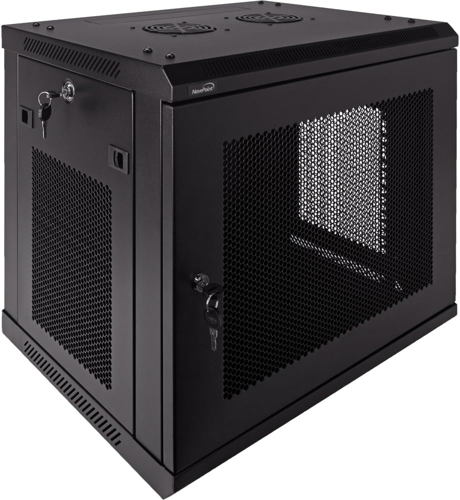 NavePoint 9U Server Rack Enclosure - 17.7” Deep, Wall Mount Network Cabinet with Locking Perforated Door, 19” IT Equipment Compatible, Network Rack, Removable Side Panels, Black