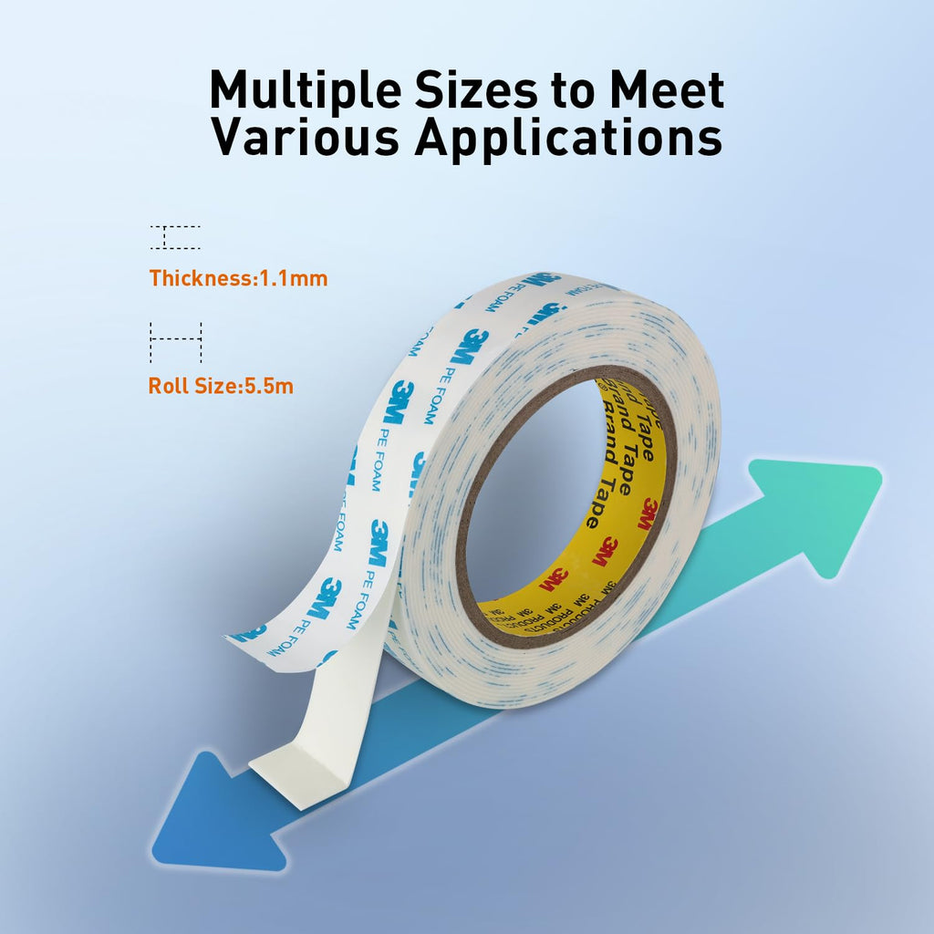 3M Double Sided Tape, 1/2" x 18Ft Foam Tape, 1600T, White