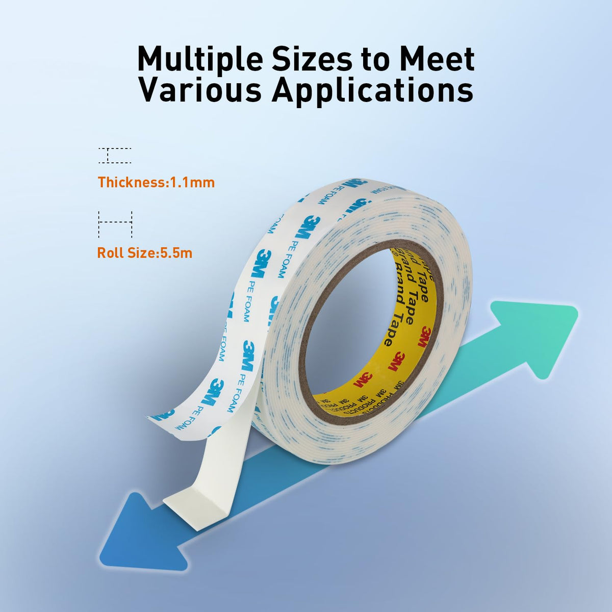 3M Double Sided Tape, 1/2" x 18Ft Foam Tape, 1600T, White