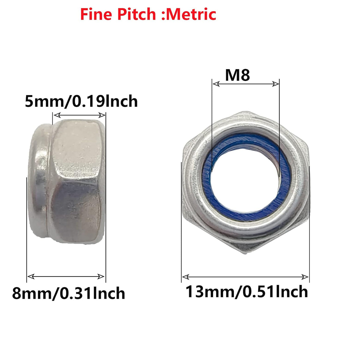 10 Pcs M8 x 1.0mm Metric Fine Thread Nylon Insert Lock Nut, 304 Stainless Steel Non-Slip Self-Locking Nut