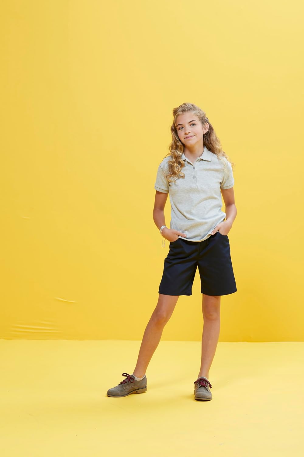 Girls' Pull-On Twill Short, Khaki, 16.5 Plus | Elastic waist-back with faux button and fly; Offered in Standard and