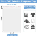 Clear Self-Sealing Cellophane Bags: 100PCS 10x13 Inch Sealable Poly Plastic Shipping Bags for Small Business