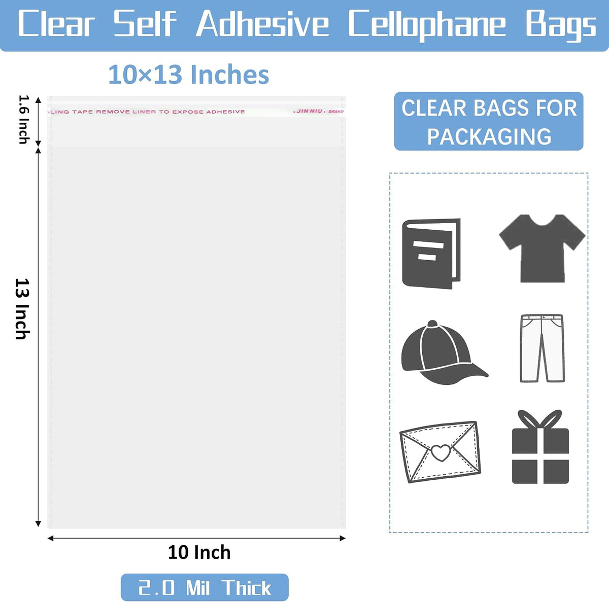 Clear Self-Sealing Cellophane Bags: 100PCS 10x13 Inch Sealable Poly Plastic Shipping Bags for Small Business