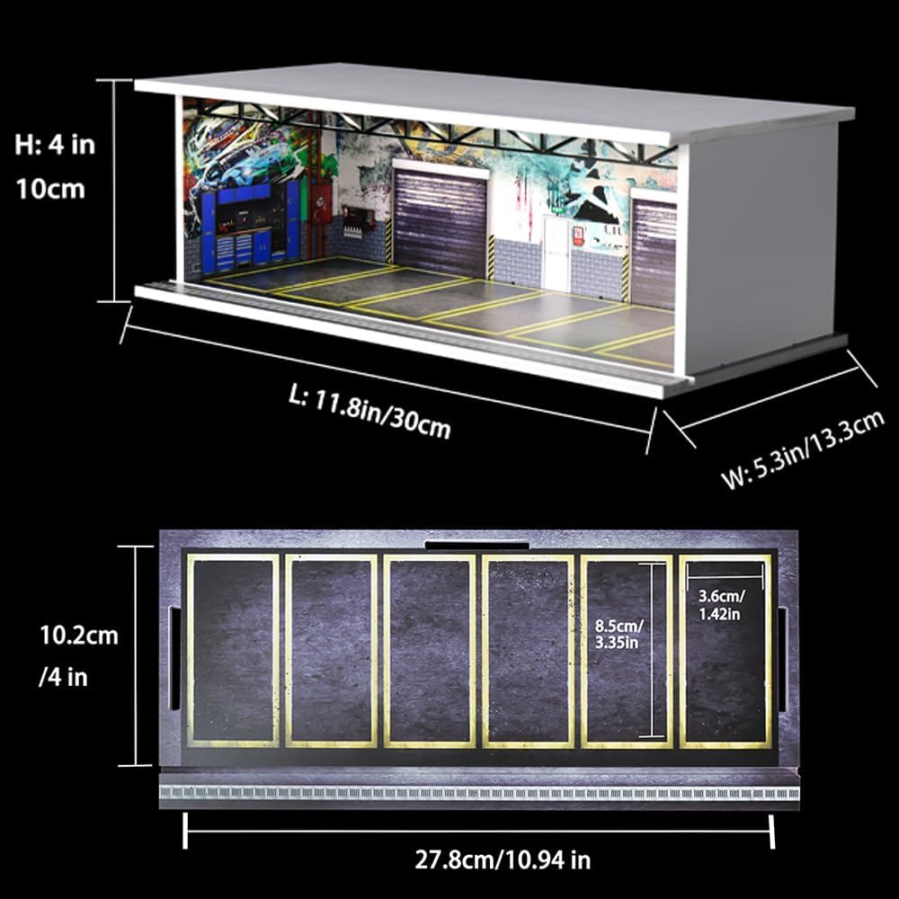 1/64 Scale Diorama Garage Display Case for Die-Cast Model Cars | Acrylic Cover, Storage with 6-Space Scene Parking