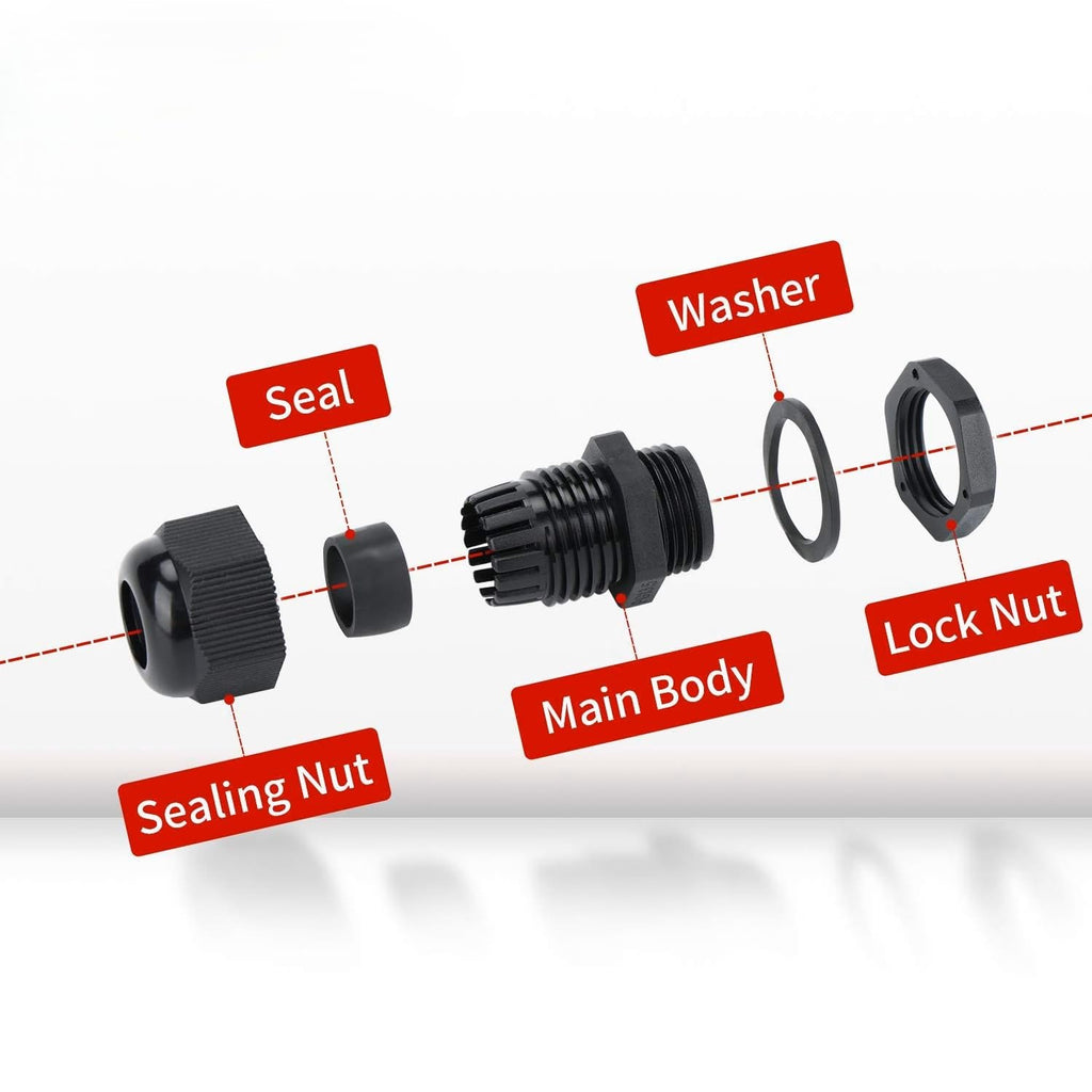 AMPELE Cable Gland 20 Pack PG9 Waterproof Adjustable 4-8mm Nylon Cable Glands Joints With Gaskets, Black(PG9)