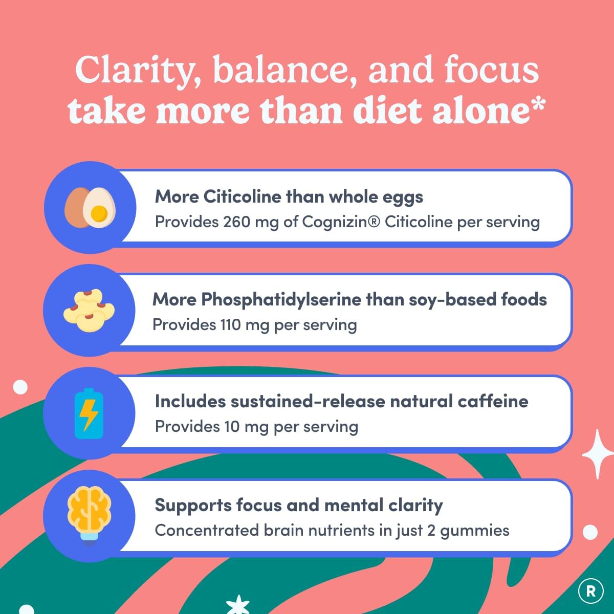 Women's Brain Gummies with Phosphatidylserine (PS), Cognizin Citicoline & Vitamin B3 | Focus, Memory & Clarity |