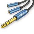 6.35mm 1/4 Male to Dual 3.5mm 1/8 Female Headphone Adapter 12 inch | Sapphire Blue, Gold-Plated, 6.35mm TRS Stereo