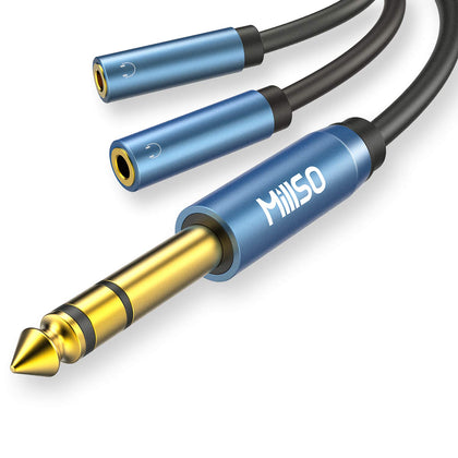 6.35mm 1/4 Male to Dual 3.5mm 1/8 Female Headphone Adapter 12 inch | Sapphire Blue, Gold-Plated, 6.35mm TRS Stereo