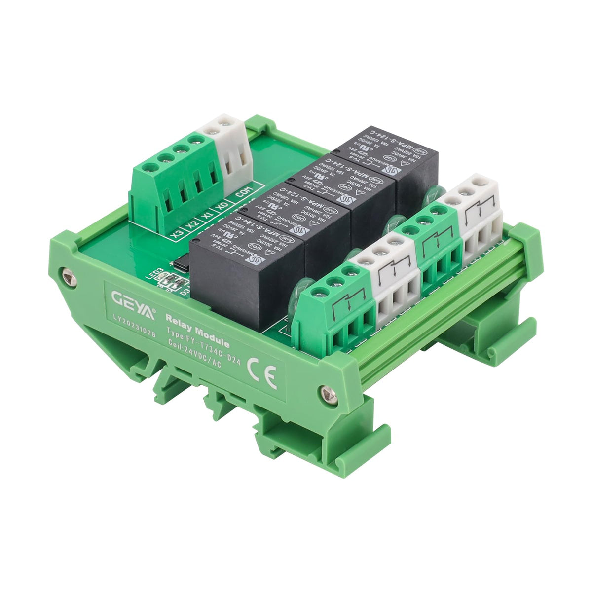GEYA Relay Module 4 Channel 1 SPDT DIN Rail Mount 12V DC/AC Interface Relay Module(FY-T734-12VACDC)