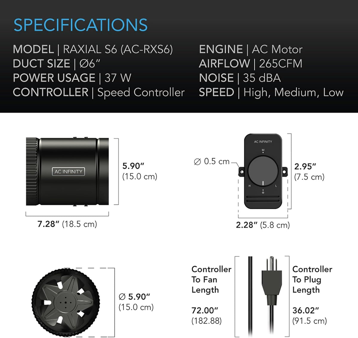 AC Infinity RAXIAL S6, Inline Booster Duct Fan 6” with Speed Controller