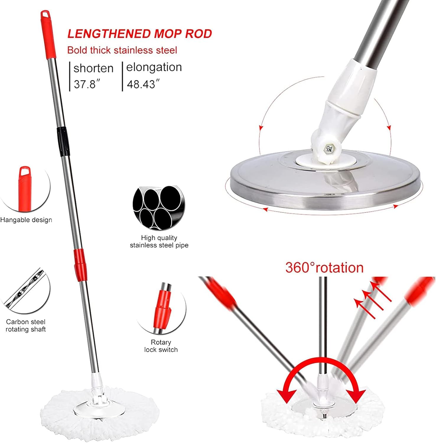 Mop and Bucket Set, 360° Spin Mop and Bucket with Wringer Set and 3 Microfiber Mop Refills, Stainless Steel 61"