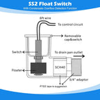 6 Pack SS2 Float Switch for Easy Installation, AC Float Switch with 3/4 Inch Adaptor and 6ft Wire, Water Level Accessory for HVAC System with Condensate Overflow Detection