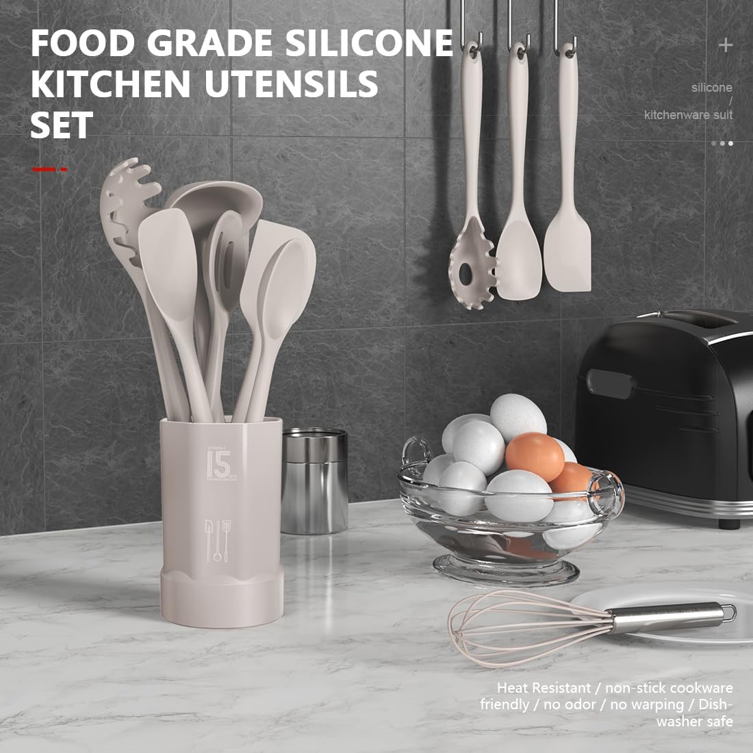 Silicone Cooking Utensils Set - 446°F Heat Resistant Kitchen Utensils,Turner Tongs,Spatula,Spoon,Brush,Whisk,Kitchen