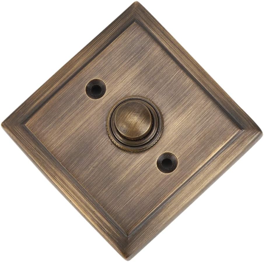 Push Button Doorbell, Solid Brass, Antique Brass Finish | 2 1/2 x 2 1/2 in, Wired Recessed Mount, Vintage Style Push