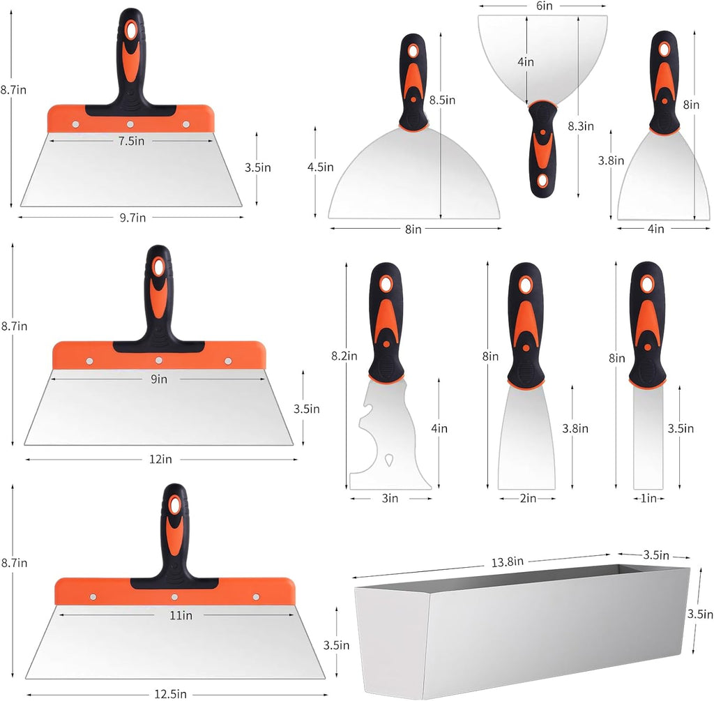 Drywall Knife Set, 10Pcs Drywall Tools Includes Stainless Steel Putty Set, Taping knife, Painter Scraper Tool & 14"