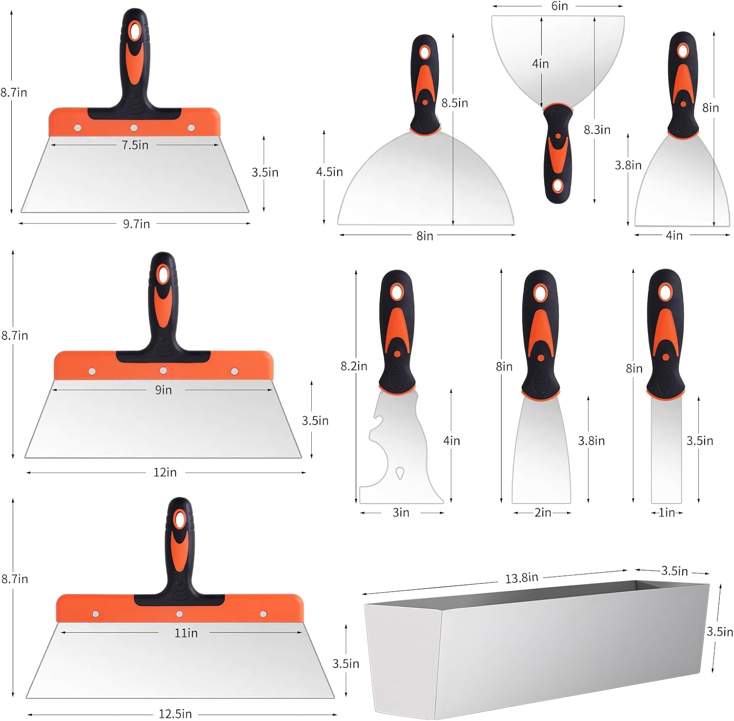 Drywall Knife Set, 10Pcs Drywall Tools Includes Stainless Steel Putty Set, Taping knife, Painter Scraper Tool & 14"
