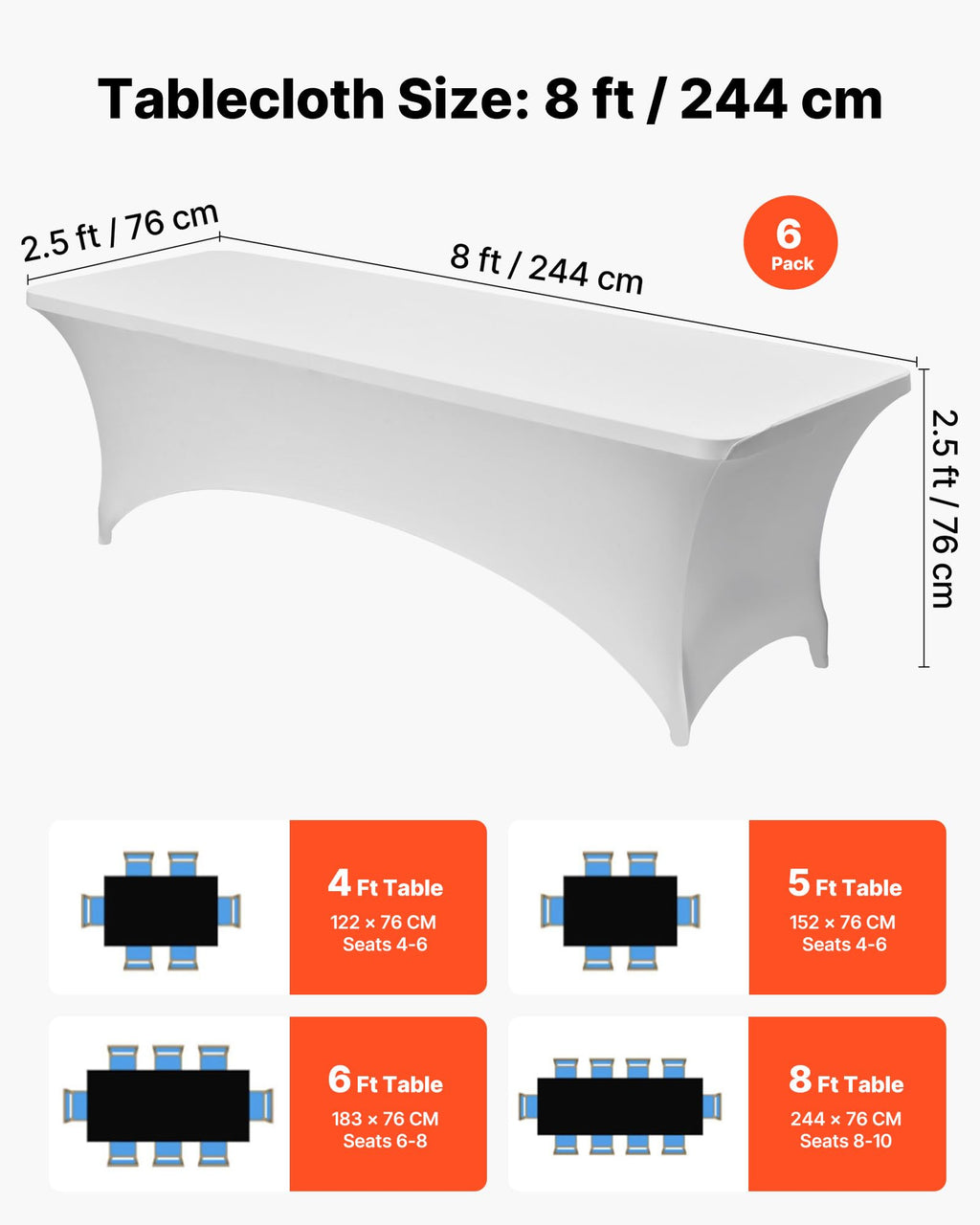 6 Pack Table Cloth for 8FT Rectangular Fitted Events, Wrinkle-Resistant Stretch White Table Covers, Washable Spandex