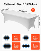 6 Pack Table Cloth for 8FT Rectangular Fitted Events, Wrinkle-Resistant Stretch White Table Covers, Washable Spandex