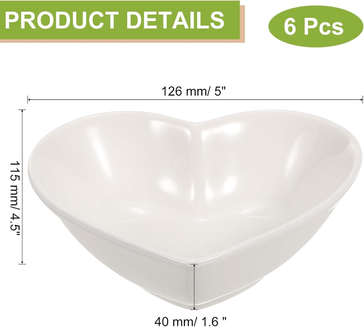 White Heart-shaped Ceramic Side Dipping Bowl, 5" Porcelain Dish Bowl Set of 6, Mini Appetizer Plates Seasoning Dishes