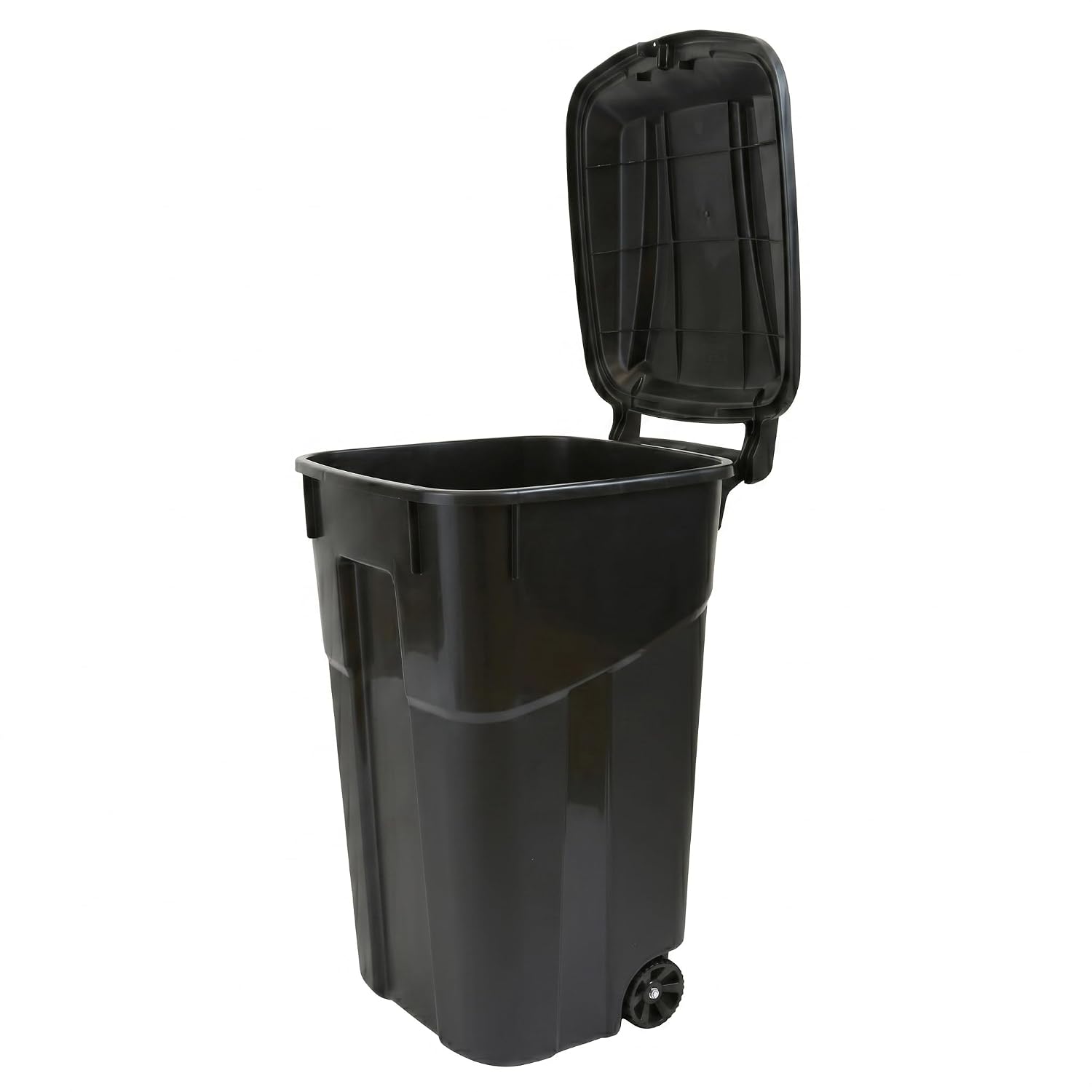 32 Gallon Wheeled Outdoor Trash Can with Attached Click-Lock Lid, Heavy Duty Plastic Garbage Bin with Rugged Wheels