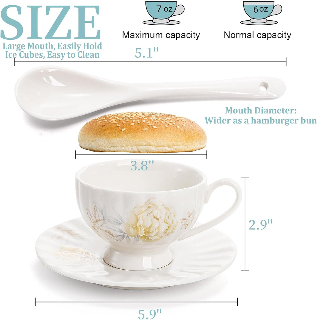 Tea Cups and Saucers Set of 6, 7 Oz, Microwave Safe