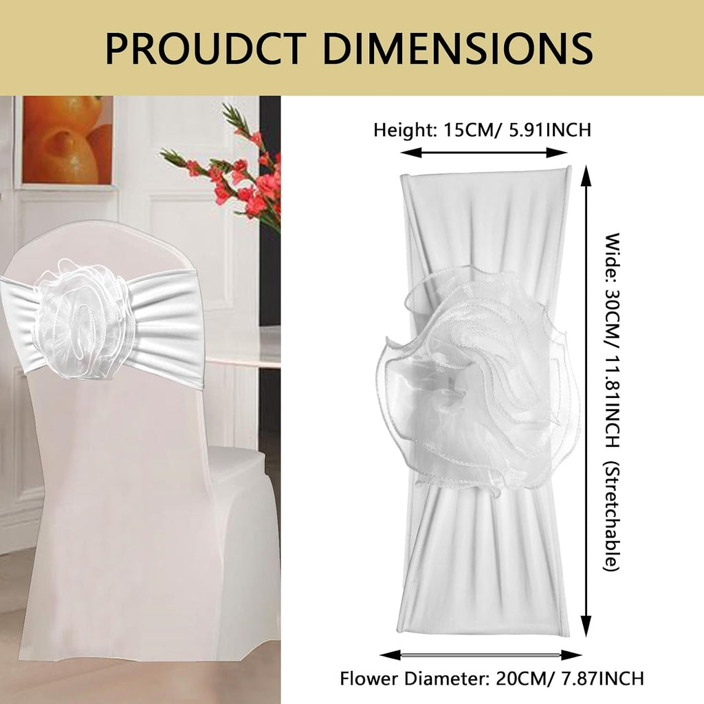 SFN 2 PCS White Flower Chair Sashes Chair Cover Chair Spandex Bands Bows tie for Thanksgiving Christmas Wedding