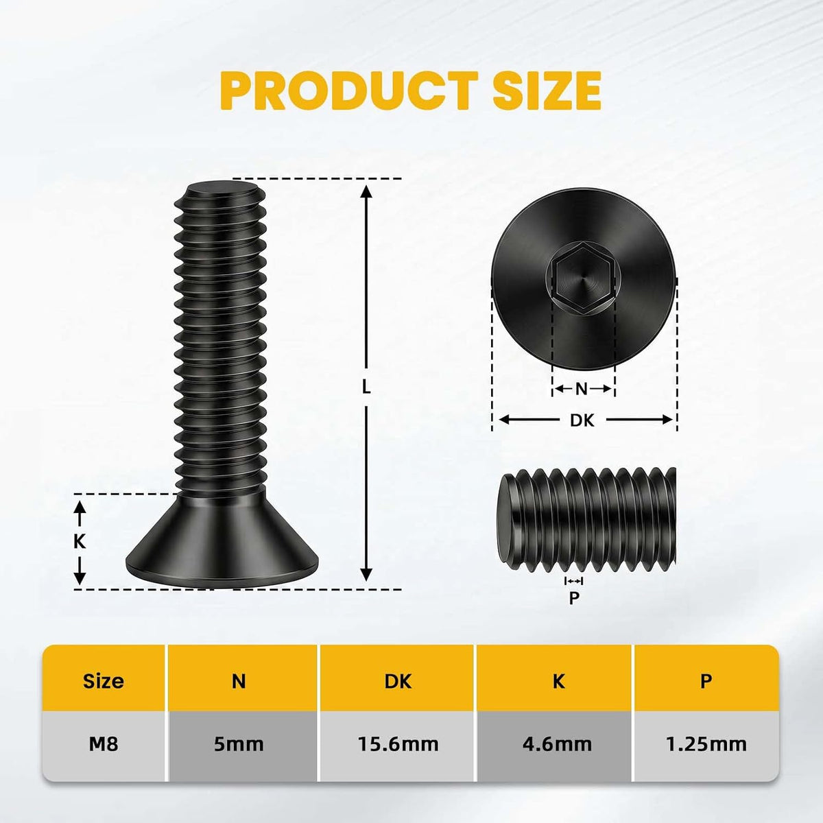 M8-1.25 x 16mm Flat Head Socket Cap Screws Countersunk Bolts, Alloy Steel Grade 10.9, Fully Threaded, Allen Socket Drive, 25 PCS