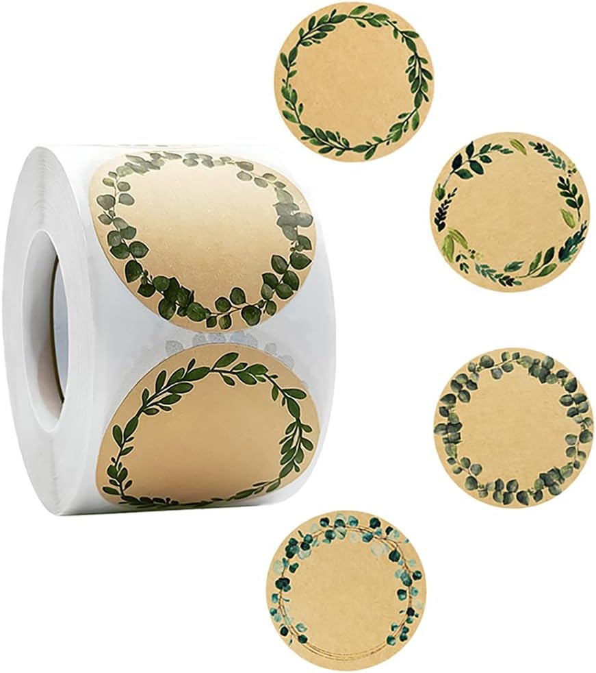 2In 500P Round Natural Brown Kraft Stickers with Green Leaf Wreath Design - 4 Unique Styles Blank Kraft Labels Roll