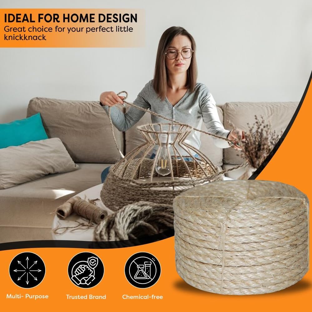 Twisted Sisal Rope – 100' X 1/4" Sisal Twine – Multipurpose Rope for Cat Scratcher, DIY Projects, Gardening, Arts &