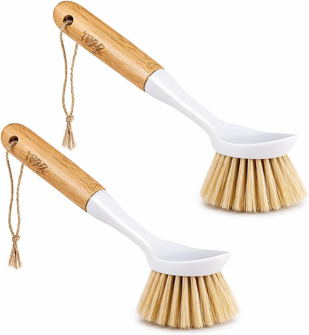 Kitchen Dish & Cast Iron Brush with Scraper, [2 Pack] Skillet Scrub Cleaner with Handle, Kitchen Cleaning Scrubber