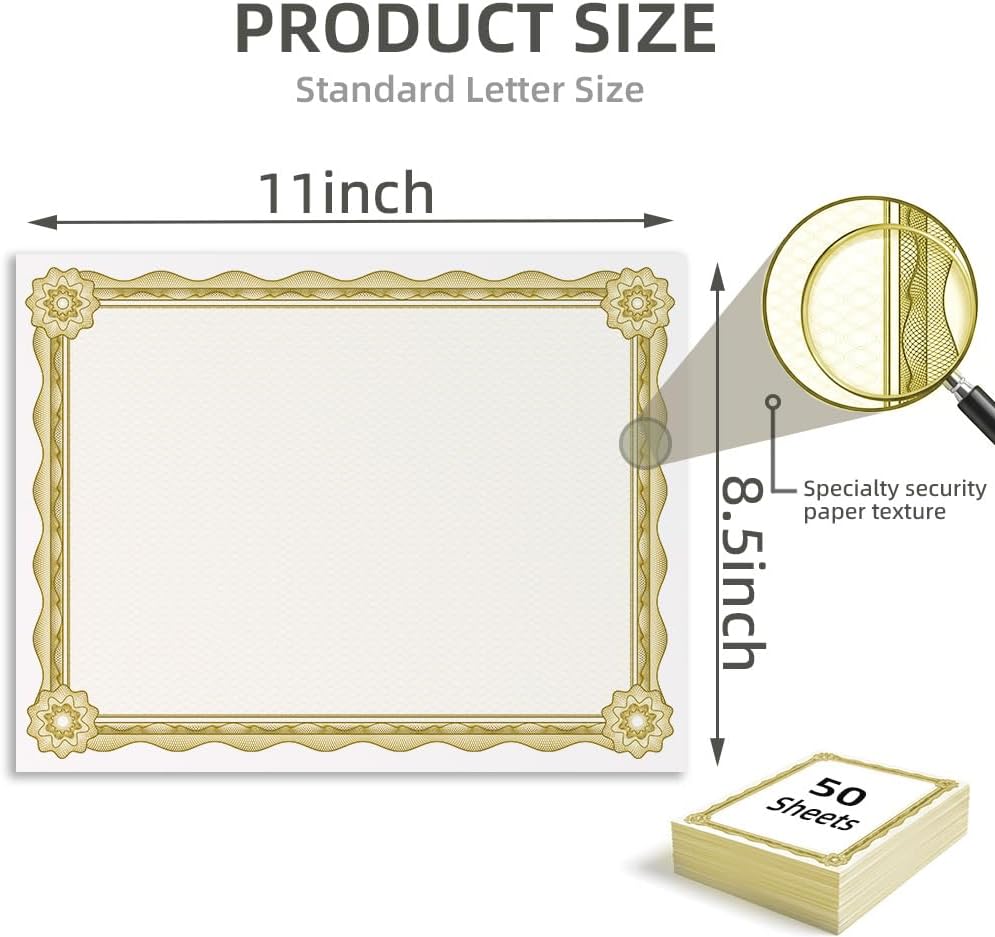 Certificate Paper with Gold Border, 50 Sheets, 8.5 x 11 Inch, 140 GSM | Thick Letter Size Certificate Paper for