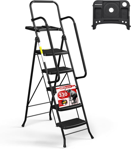 5 Step Ladder, Folding Step Stool with Wide Anti-Slip Pedal, Tool Tray & Handrails, 330lbs Capacity for Home and
