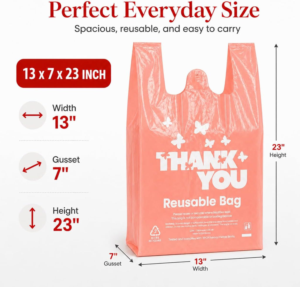 Reusable LDPE Shopping Bags with Handles 12x7x23, 2.25 Mil Thick, Pink, 50 Count
