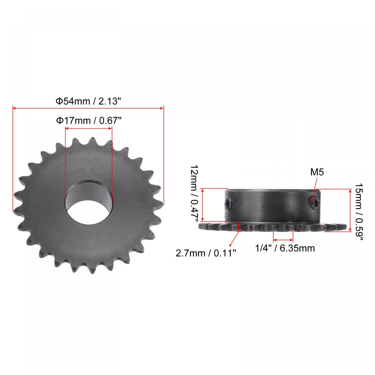 uxcell 25 Tooth Roller Sprocket B Type #25 Chain Single Strand 17mm Bore