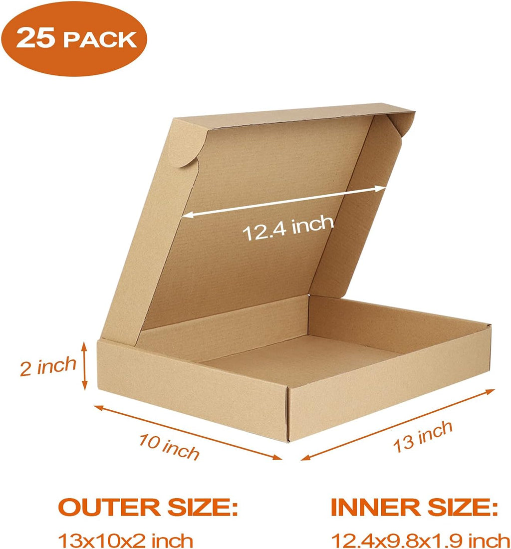 25 Pack 13x10x2 inch Cardboard Shipping Boxes, Brown Mailing Box