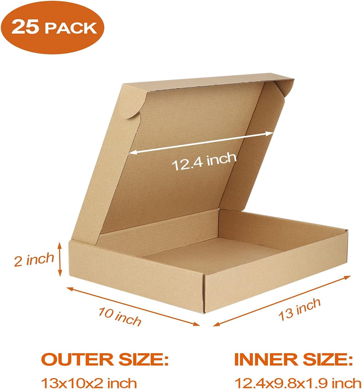 25 Pack 13x10x2 inch Cardboard Shipping Boxes, Brown Mailing Box